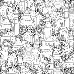 Obraz premium Seamless pattern with Houses and Christmas trees and spruce branches. Magic City. Street background. Pattern for coloring book. Zentangle. Black and white pattern in vector.