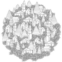 Circle pattern with houses and Christmas trees and spruce branches. Magic City mandala. Street background. Pattern for coloring book.  Zentangle. Black and white pattern in vector.