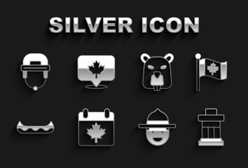Set Canada day with maple leaf, Flag of, Inukshuk, Canadian ranger hat, Kayak, Beaver animal, Hockey helmet and icon. Vector