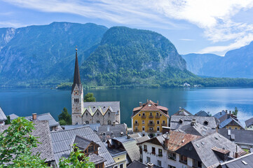 Hallstatt in Alps, Old city view by the lake, Austria