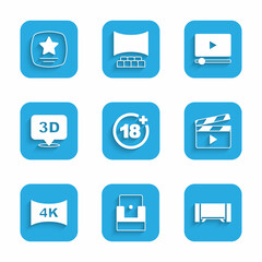 Set Plus 18 movie, Cinema chair, Smart Tv, Movie clapper, Screen tv with 4k, 3D word, Online play video and Walk of fame star icon. Vector