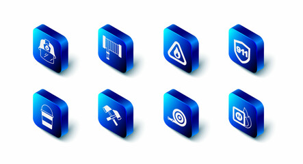 Set Fire hose reel, flame in triangle, Emergency call 911, Electric wiring of socket fire, Firefighter axe, bucket and helmet icon. Vector