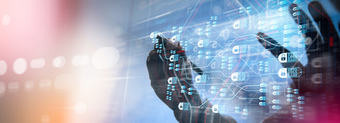 Blockchain technology concept with diagram of chain and encrypted blocks.businessman hand using...