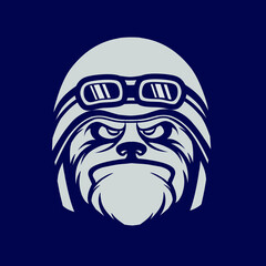 Funny funky bulldog biker pop art logo. Colorful retro dog design with dark background. Abstract vector illustration