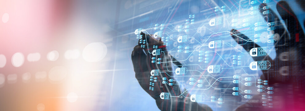 Blockchain technology concept with diagram of chain and encrypted blocks.businessman hand using tablet computer and server room background