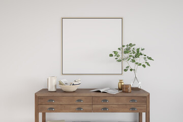 Mock up poster frame on wooden cabinet in home interior, 3d rendering
