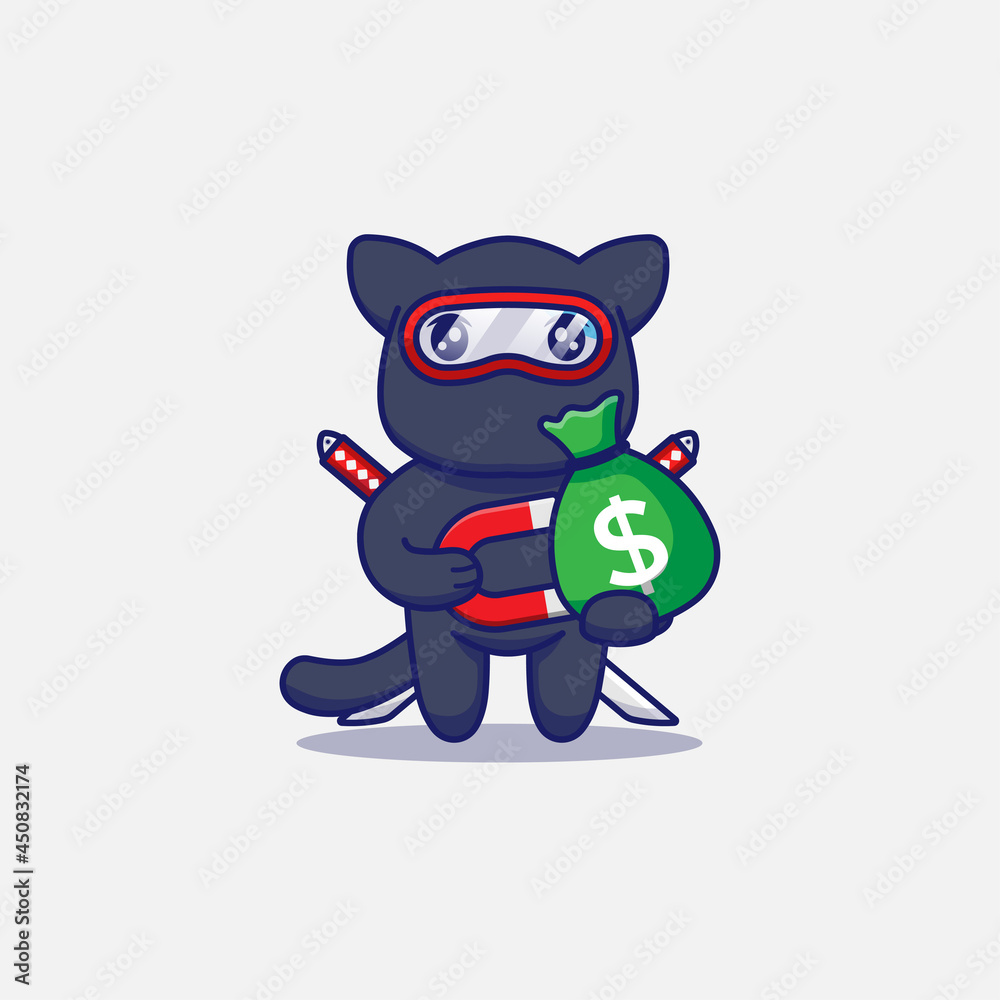 Sticker Cute ninja cat gets a bag of money with a magnet