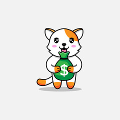 Cute cat carrying a bag of money