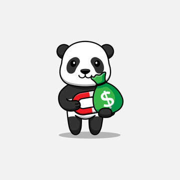 Cute panda gets a bag of money with a magnet