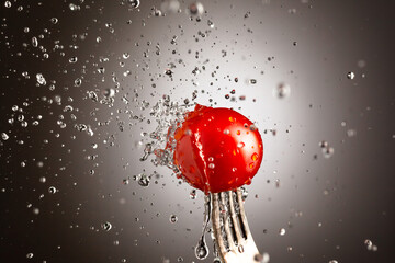 Cherry tomatoes on a metal fork. Drops of water. Black white gradient background