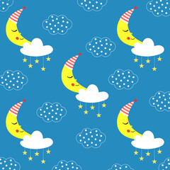 Cute baby clouds with stars and moon pattern isolated on blue pastel background.good night ,sweet dream ,christmas concept.Vector.Illustration.