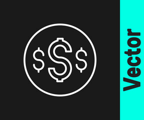 White line Dollar symbol icon isolated on black background. Cash and money, wealth, payment symbol. Casino gambling. Vector