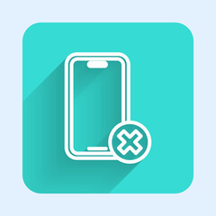 White line No cell phone icon isolated with long shadow background. No talking and calling sign. Cell prohibition. Green square button. Vector