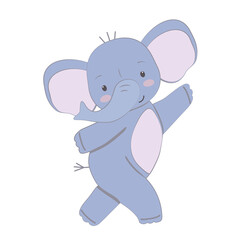 A cheerful dancing elephant. The animal is smiling and having fun. Cute cartoon character for childrens designs, greeting cards