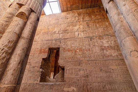Polichromatic Hieroglyphs in the ruins of The Luxor Temple, Egyptian temple complex located in the city of Luxor,Thebes. In the Egyptian language it is known as ipet resyt, "the southern sanctuary".