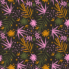 Fototapeta na wymiar seamless pattern for fabric with pink and yellow plants on a dark background.