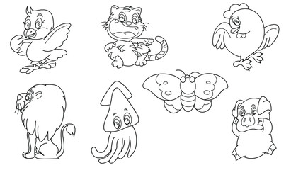 Cute design animal outline vector set 25 (bird , tiger , chicken , lion , squid , butterfly , pig)