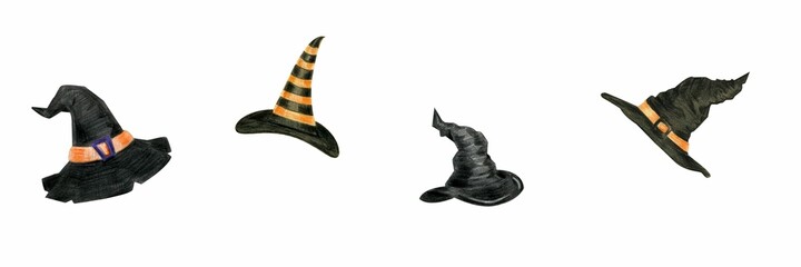 Set of black halloween witch hat isolated on white background