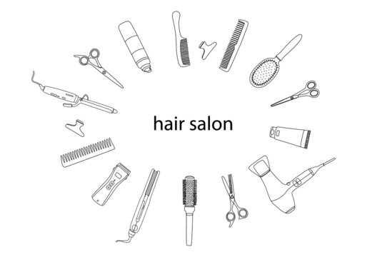 A frame of hairdressing tools with a copy space in the center. Template logo for a hair salon from accessories,hair dryer, comb, scissors. Outline, sketch in a modern style, vector