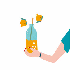 A woman's hand holding a bottle of lemon juice and a couple of lemons flying around. Healthy lifestyle and detox concept. Vector illustration 