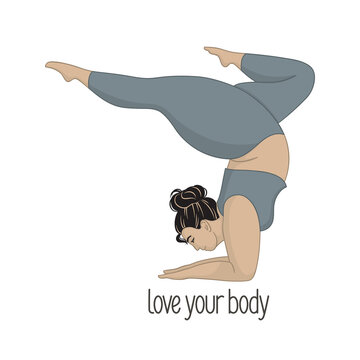 Plus size woman doing forearm stand. Body positivity, Yoga and sport for everybody, Love your body concept
