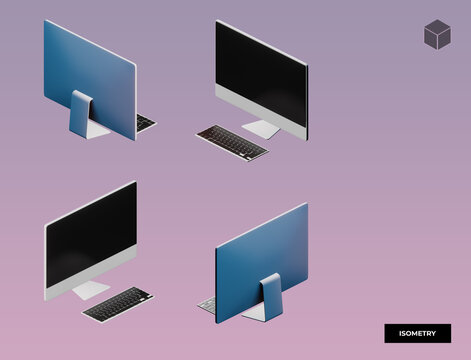 3d visualization of icons, computer with keyboard in isometric view display