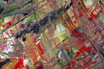 Abstract  yellow and red spots on a multi colored background. Background with a complex color structure. Etude in the style of abstract expressionism.  The use of a palette knife in painting. 