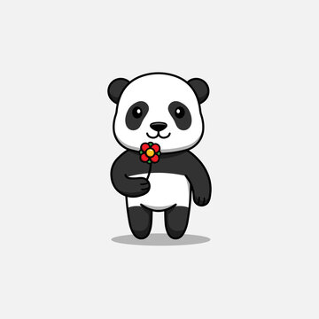 Cute panda carrying a red flower