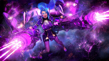 A crazy and cheerful girl with two machine guns shoots with all the guns showing her tongue with a piercing, she is protected by a purple energy barrier, she is wearing a sexy suit and stockings © warmtail