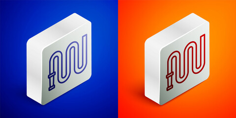 Isometric line Fire hose reel icon isolated on blue and orange background. Silver square button. Vector