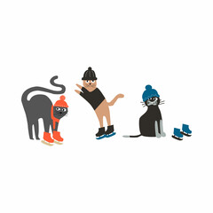 Three funny kittens dressed in winter clothes and ice skating. Festive winter vector illustration 