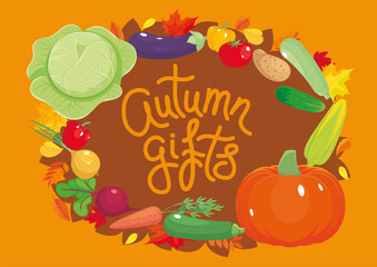 Autumn gifts poster with fresh vegetables. Vegetarian natural healthy food, vitamin-rich ingredients. Vector illustration, cartoon objects, icons, simbols. Banner, flyer for harvest festival, sale