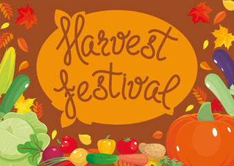Harvest festival poster with fresh vegetables. Autumn background. Healthy vegetarian food, farm products. Vector illustration, cartoon objects, icons, simbols, banner, flyer