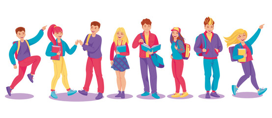 Set of young people. Campus students, schoolchildren, teenagers group. Back to school. Vector illustration, cartoon characters, icons, simbols, design elements