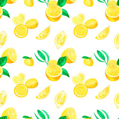 Watercolor seamless paper yellow lemons with green leaves.For paper and fabric.Seamless Hand Painting Abstract Watercolor Lemons and Leaves Pattern Isolated Background