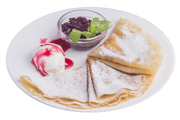 pancakes with ice cream and jam with mint