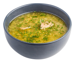 dish soup with fish and herbs in a plate