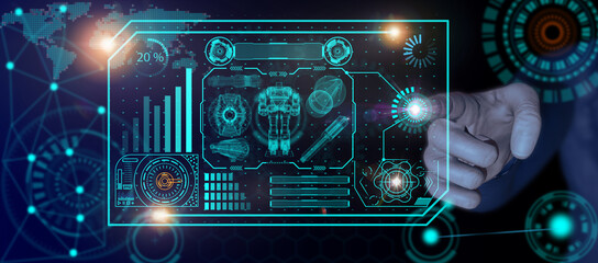 Management of Ui. The screen works with modern technology. Controlling robots in factory operations.