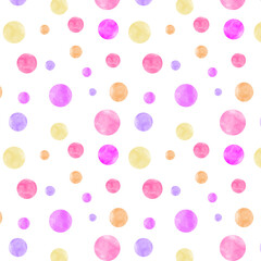 Pastel watercolor confetti seamless pattern with pink purple and orange circles and dots. for nursery, baby shower, birthdays, party , fabric and wallpaper. 