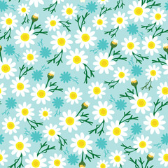 seamless pattern ditsy daisy flower with green mint background