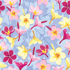 frangipani seamless pattern.  pink yellow plumeria flowers with blue purple background.