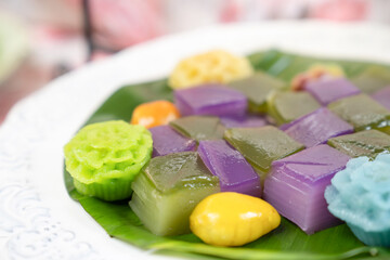 Luxury and Classic Traditional Thai Dessert set on a Banana leaf in the dish.