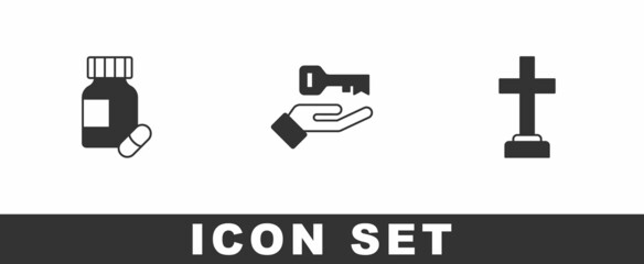 Set Sedative pills, Solution to the problem and Graves funeral sorrow icon. Vector