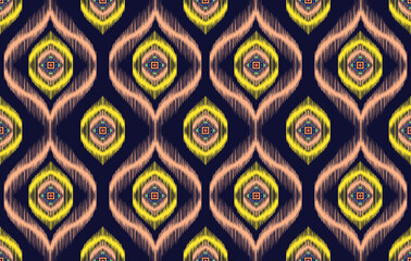 Ikat Indian ethnic pattern design. Aztec fabric carpet mandala ornament boho chevron textile decoration wallpaper. Geometric traditional embroidery vector illustrations background.
