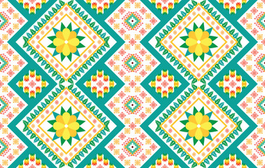 Ikat Indian ethnic pattern design. Aztec fabric carpet mandala ornament boho chevron textile decoration wallpaper. Geometric traditional embroidery vector illustrations background.