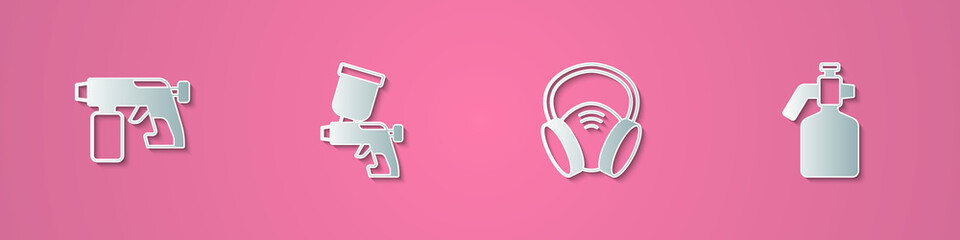 Set paper cut Paint spray gun, Gas mask and icon. Paper art style. Vector
