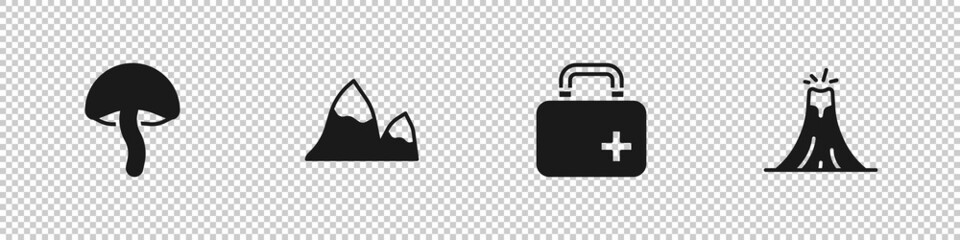 Set Mushroom, Mountains, First aid kit and Volcano eruption icon. Vector