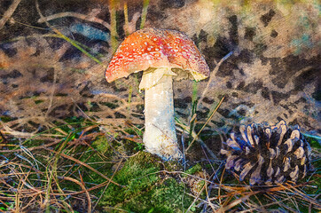 Fly agaric mushroom in the forest among the pine needles and green moss. Poisonous forest mushroom next to a brown cone. Digital watercolor painting. Digital art.
