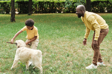 Little boy training his dog together with his father during their walk in the park