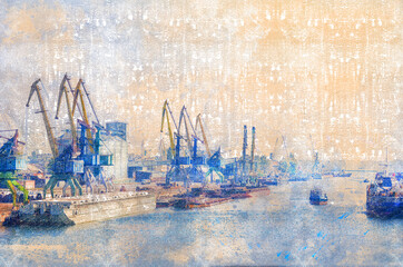 Seaport berths with ships, portal cranes, barges, tugboats. Cargo operations on loading, unloading of ships with various cargo. Logistics, transport industry background. Digital watercolor painting